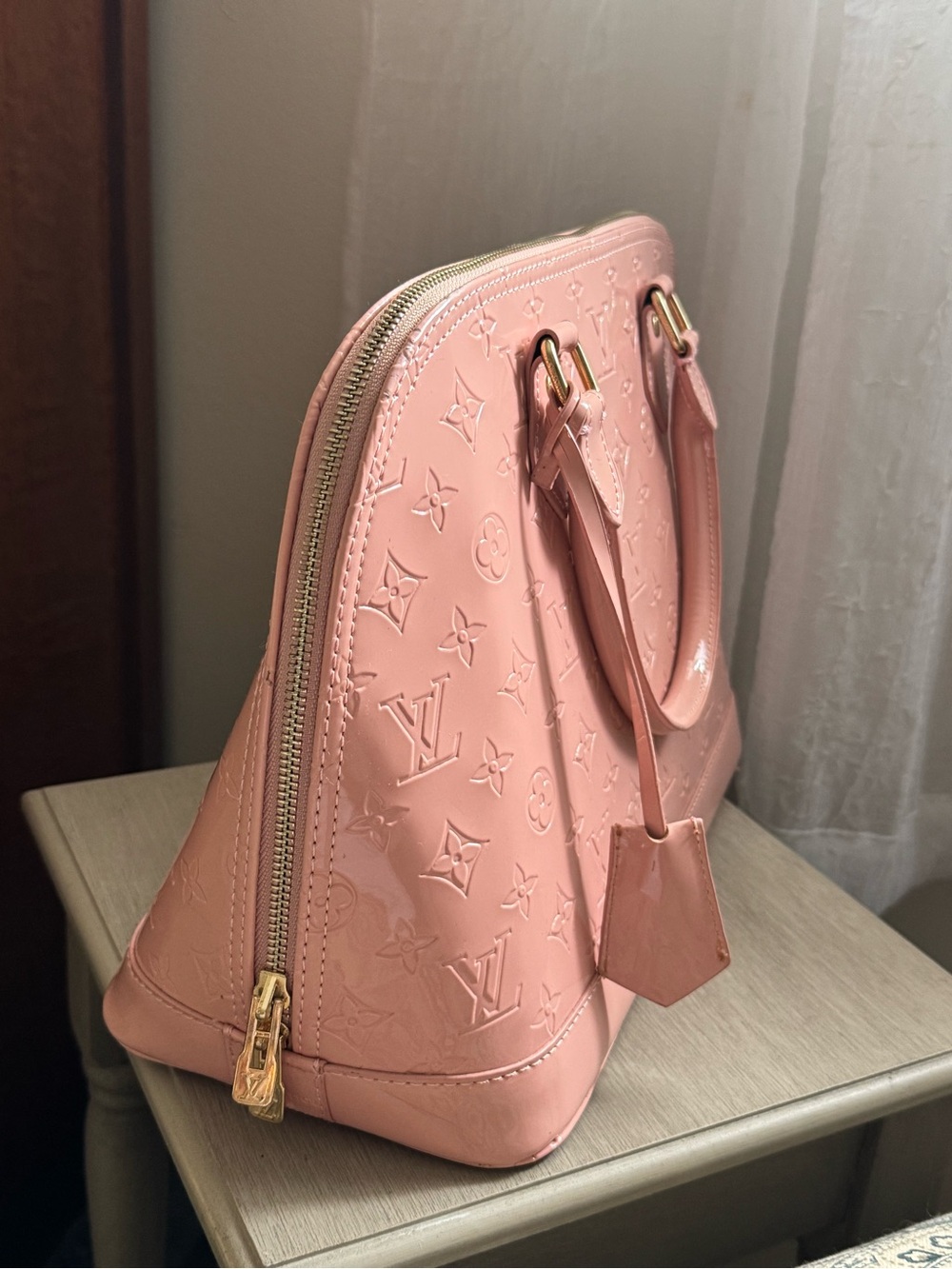 Pink Patent Monogram Satchel with Gold-Tone Hardware- fun bag! - Picture 2 of 7